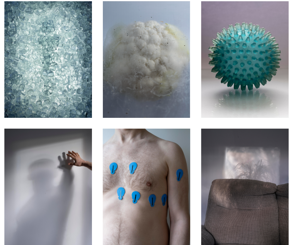 A collage of six photographs: Constantly shattered (shattered glass), Brain fog (cauliflower), Blue ball (virus), Shadow (even in my dreams), Blue tags (awaiting ECG), Sofa (where I sit).