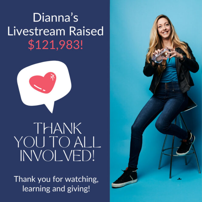 On the right: Dianna Cowern sitting on a high stool against a solid blue background. On the left text: Dianna’s Livestream Raised $121,983! Thank you to all involved! Thank you for watching, learning, and giving!