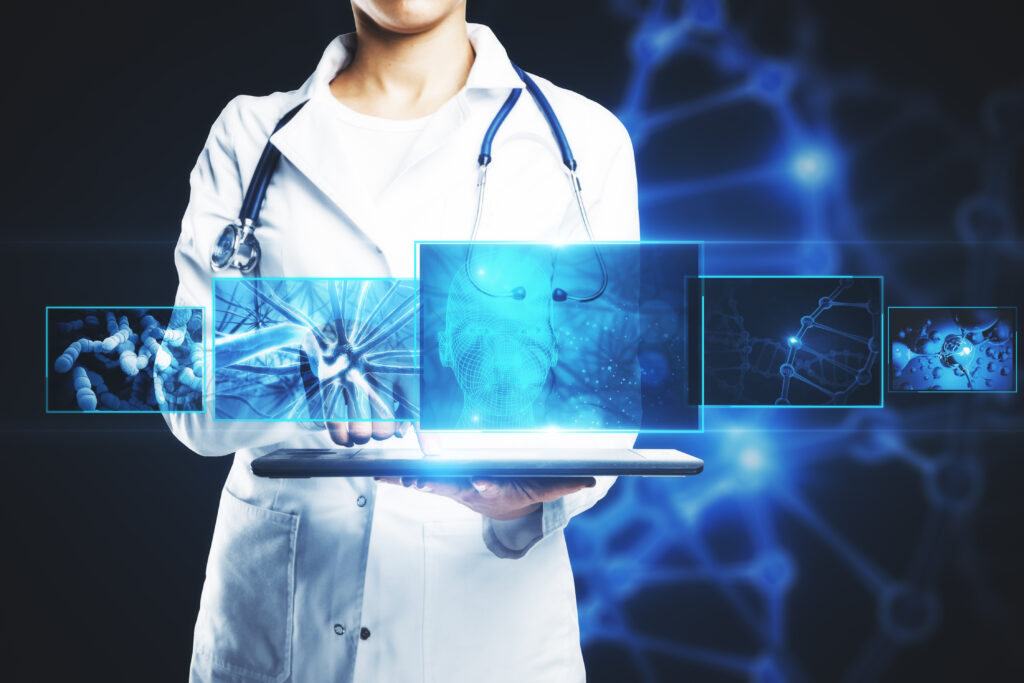 Unrecognizable female doctor using tablet with digital medical interface on dark background with DNA. Innovation concept. Double exposure