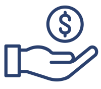 hand and coin Icon of an open hand with a dollar coin above it, symbolizing donation. The design is simple, outlined in dark blue.